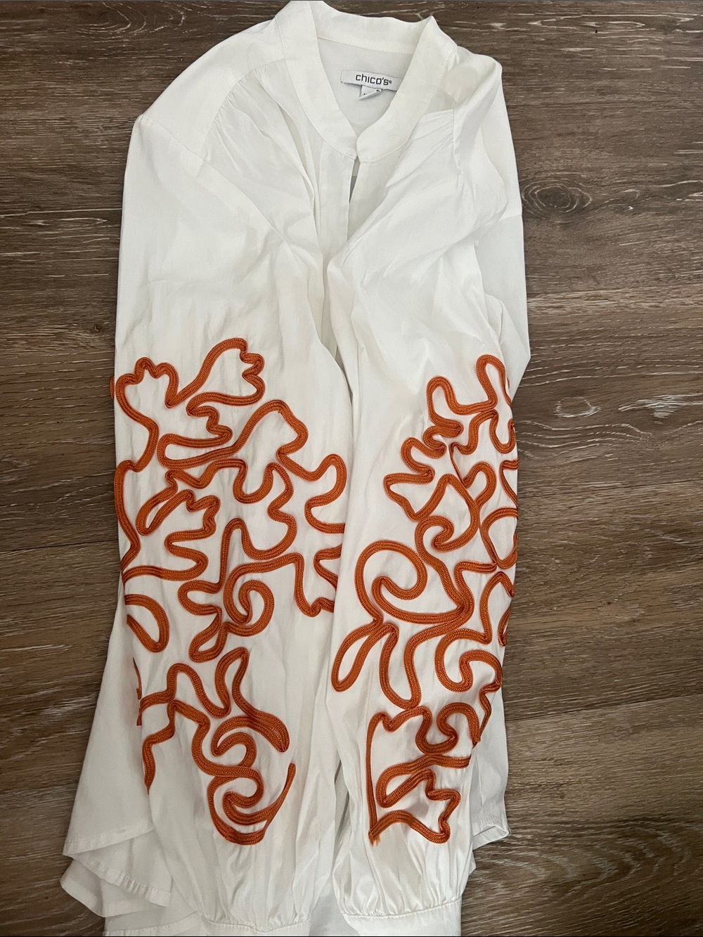 Chico's White Blouse with Orange Embroidered Sleeves